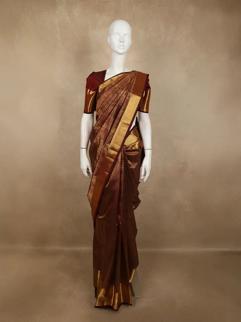 Burgundy Flower Zari Woven Design Pure Kanchipuram Silk Saree With Zari Border 1