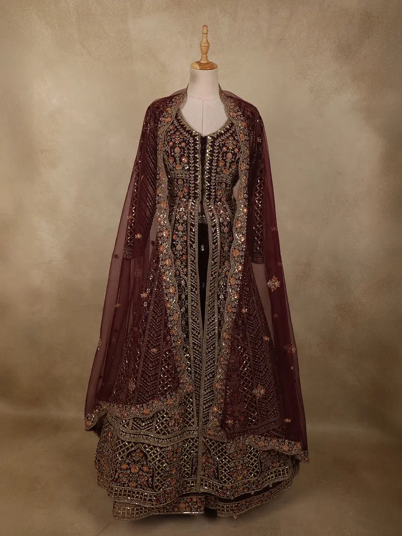 Burgundy Heavy Sequins And Mirror Embroidered Design Net Mastani Lehenga With Long Jacket 1