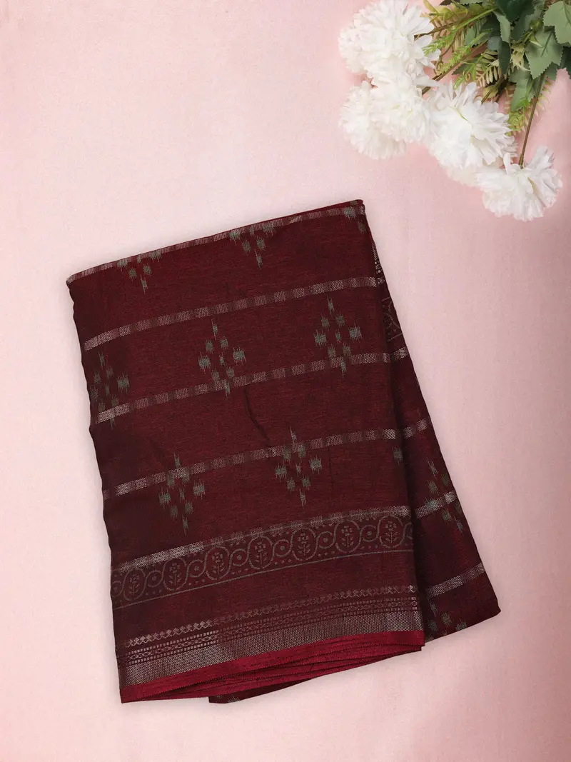 Burgundy Ikat Printed Design Mixed Cotton Saree With Zari Woven Border 1
