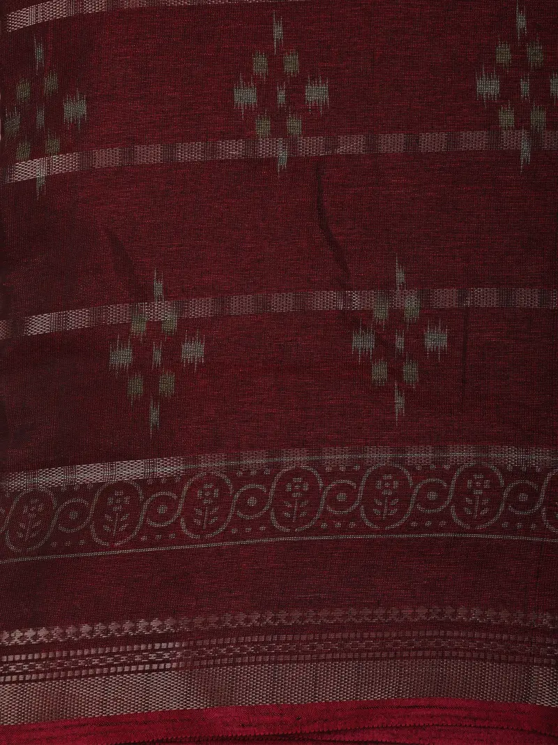 Burgundy Ikat Printed Design Mixed Cotton Saree With Zari Woven Border 2