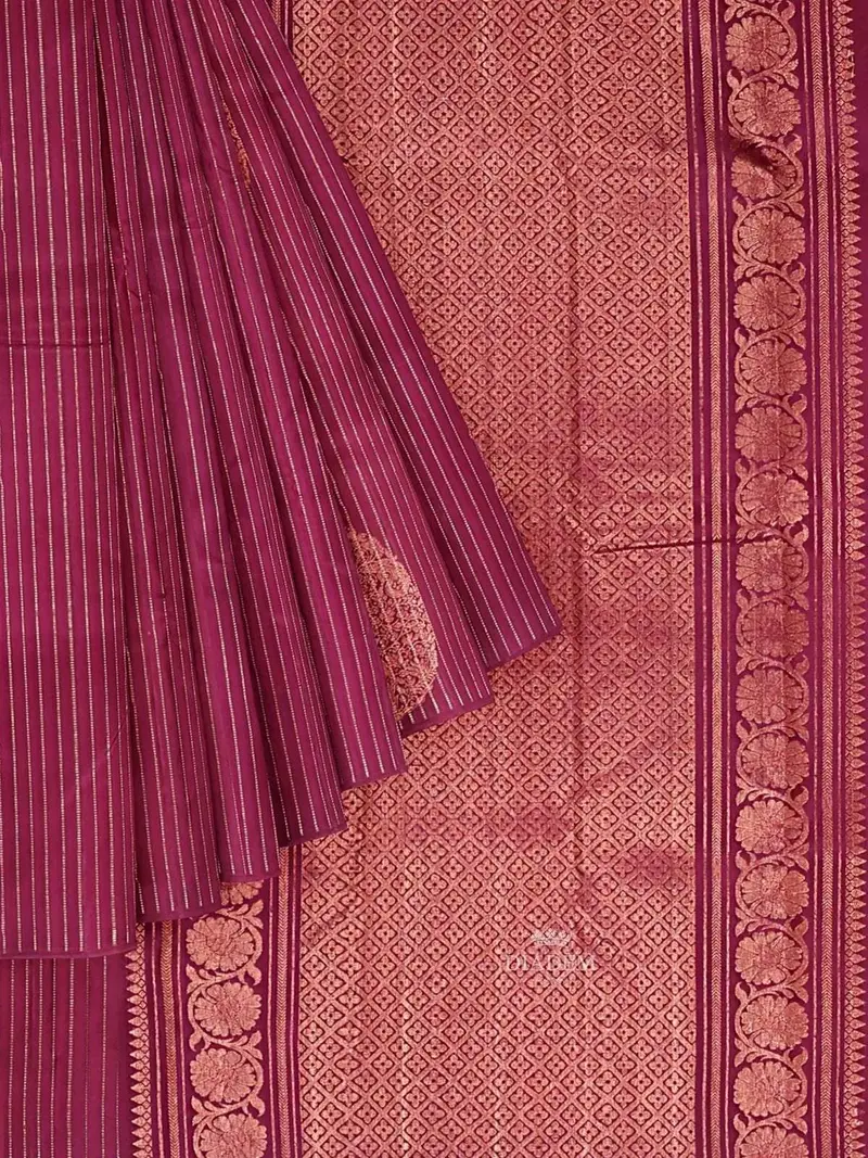 Burgundy Kanchipuram Bridal Silk Saree With Stripes & Paisley Design 1