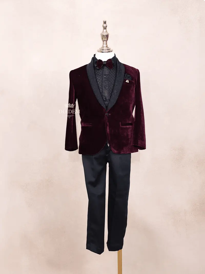 Burgundy Kids Coat Suit Plain Design Attached With Bow 1