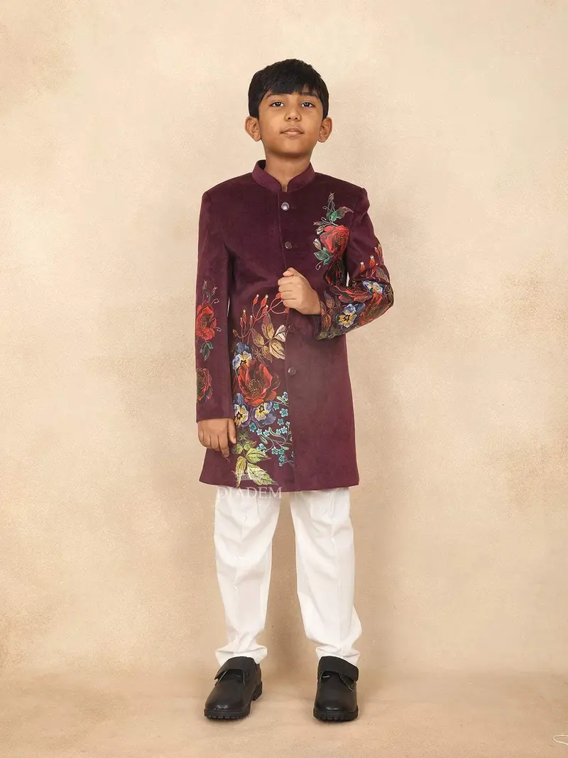 Burgundy Kids Sherwani Adorned With Flower Designs 1