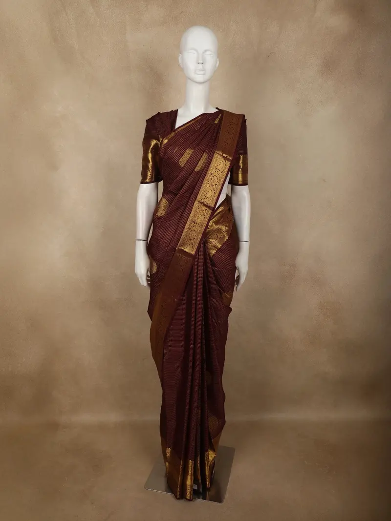 Burgundy Mini Checked Zari Woven Design Pure Kanchipuram Silk Saree With Floral Zari Border 1