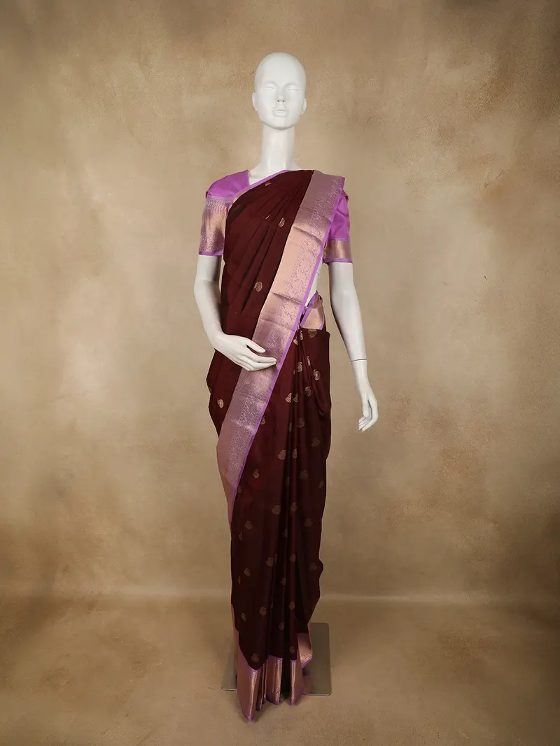 Burgundy Paisley Butta Woven Design Pure Kanchipuram Silk Saree With Contrast Zari Border 1