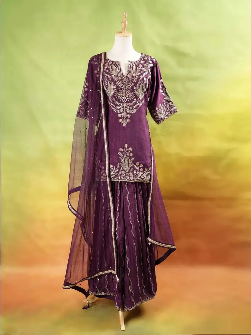 Burgundy Palazzo Suit Adorned With Floral Embroidery With Net Dupatta And 3/4 Sleeve 1