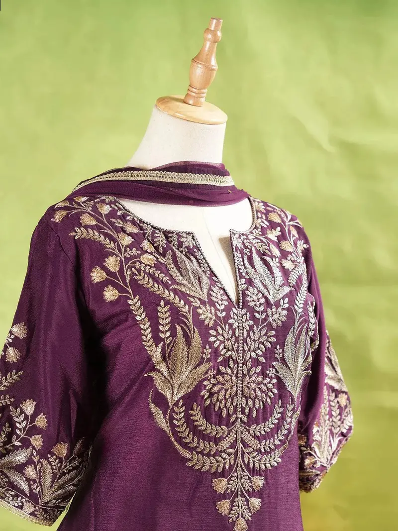 Burgundy Palazzo Suit Adorned With Floral Embroidery With Net Dupatta And 3/4 Sleeve 2