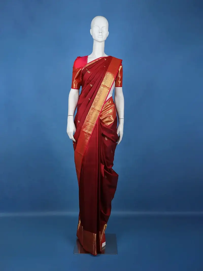Burgundy Peacock Woven Pure Kanchipuram Silk Saree With Zari Border 1
