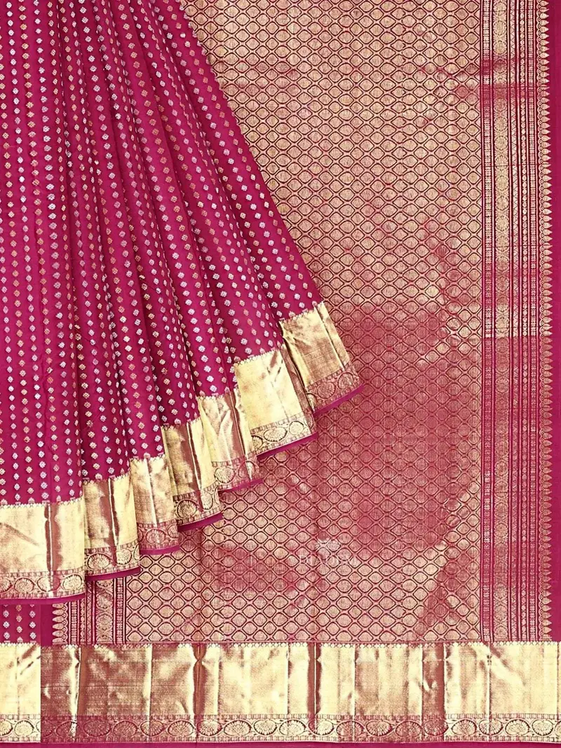 Burgundy Pure Kanchipuram Bridal Silk Saree With Doted Stripes Design On The Body And Zari Border 1