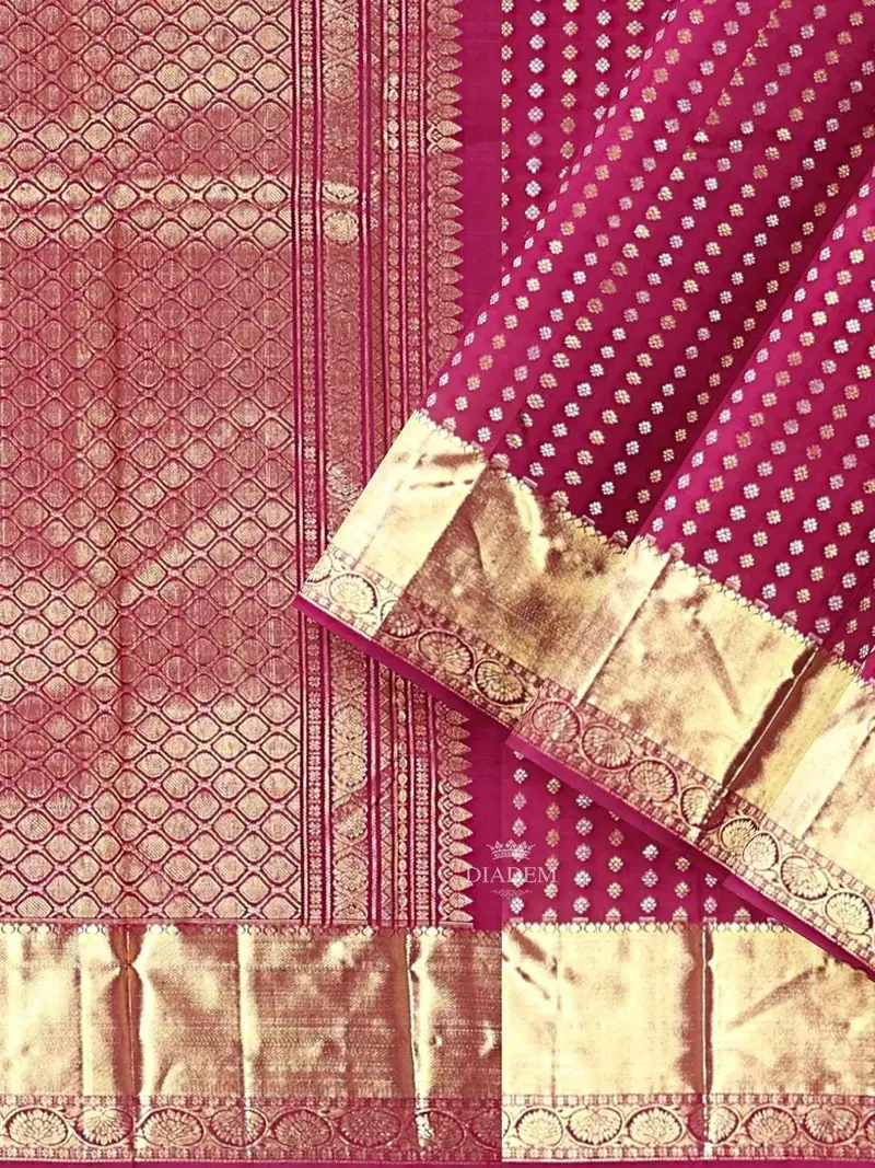 Burgundy Pure Kanchipuram Bridal Silk Saree With Doted Stripes Design On The Body And Zari Border 2
