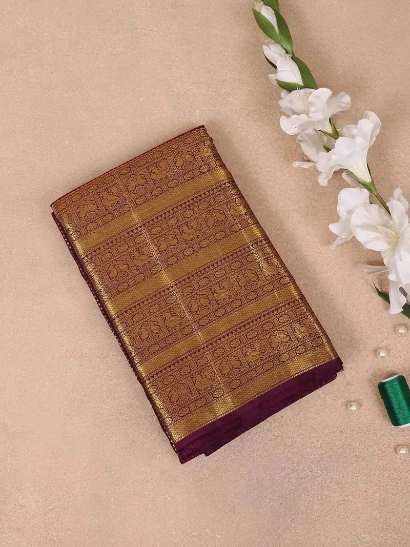 Burgundy Pure Kanchipuram Bridal Silk Saree With Stripes Floral Design On The Body With Zari Border 1