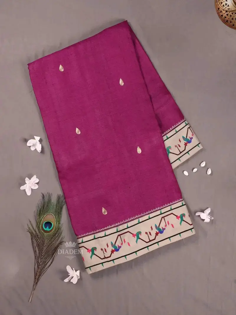 Burgundy Pure Tussar Silk Saree Enhanced With Paithani Design Embroidery Border 1