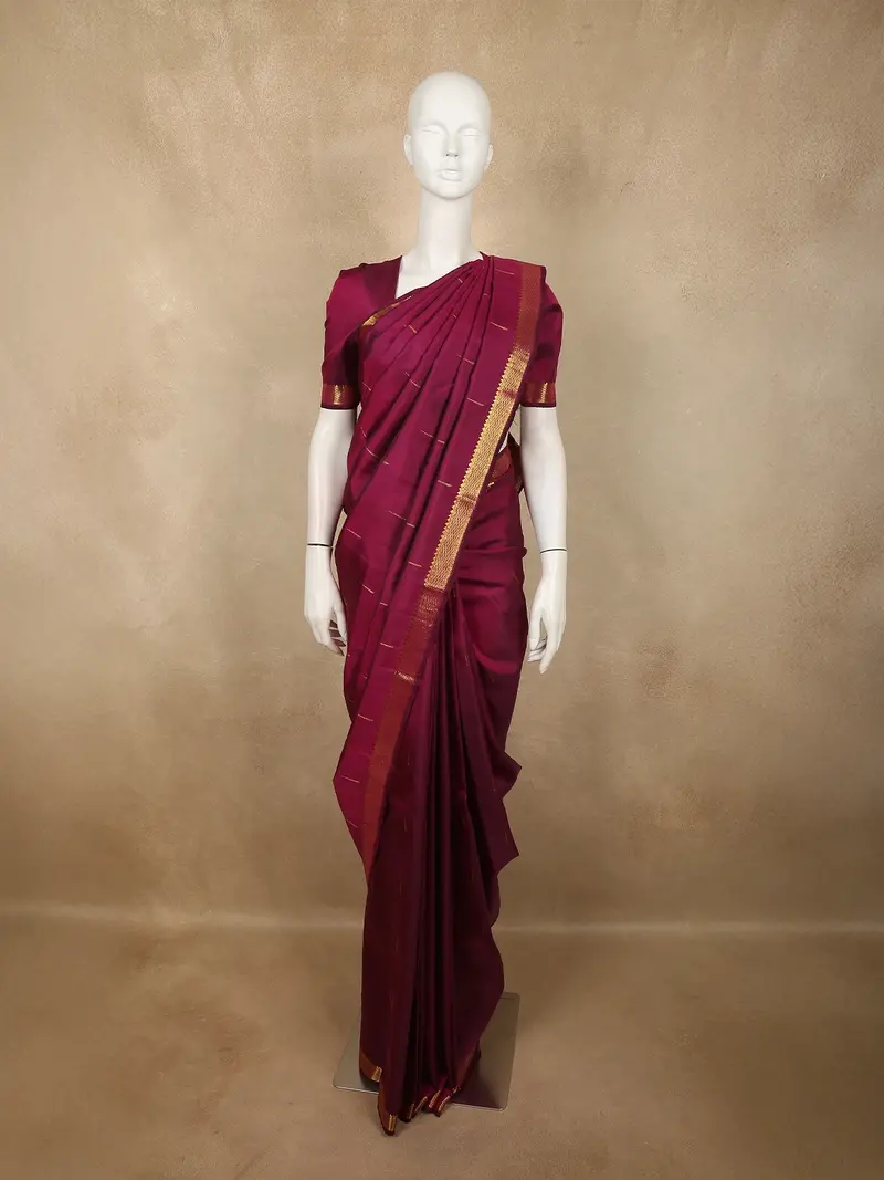 Burgundy Rain Drop Zari Woven Design Pure Kanchipuram Silk Saree With Zari Border 1