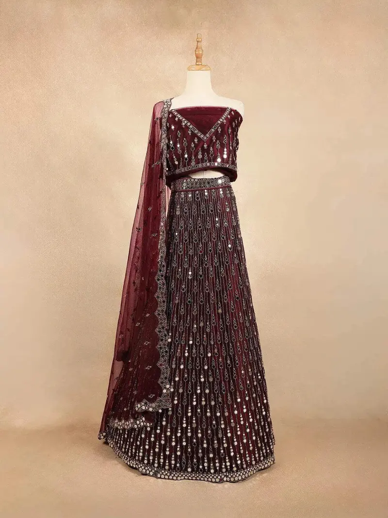 Burgundy Raw Silk Semi-Stitched Lehenga Embellished With Mirrorwork Paired With Net Dupatta 1