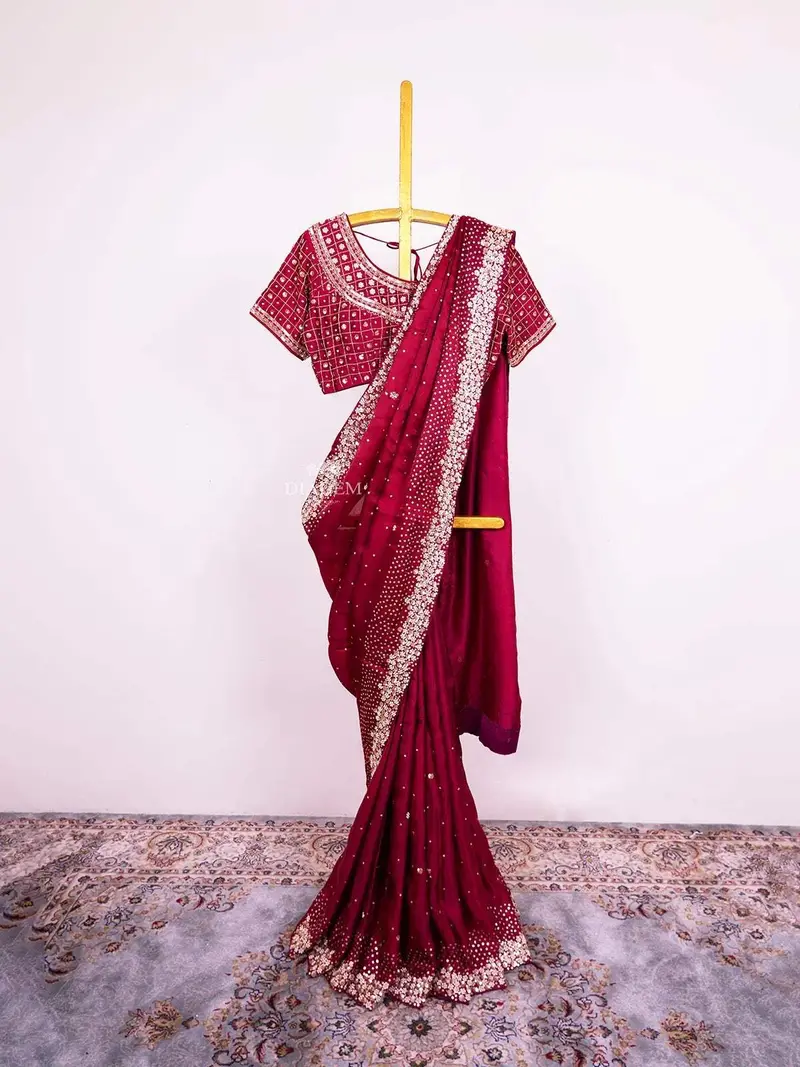 Burgundy Satin Crepe Saree With Sequins And Beads Embellished Border Paired With Designer Blouse 1