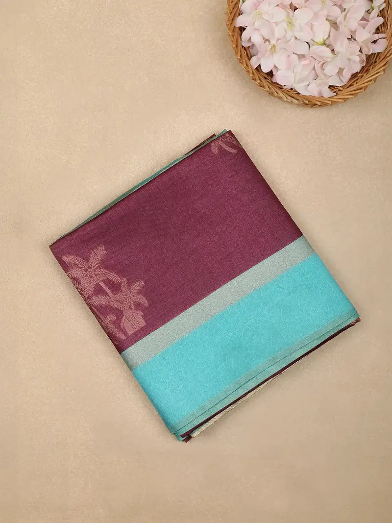 Burgundy Semi Tussar Silk Floral Designed Saree 1