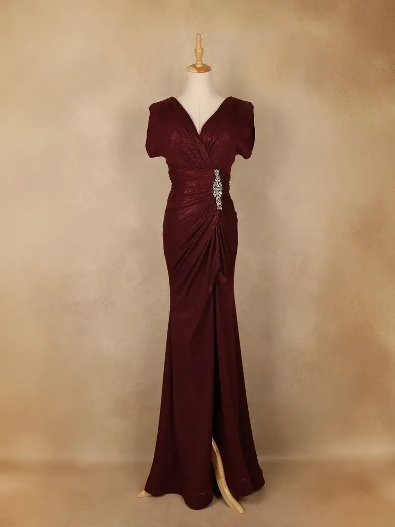 Burgundy Shimmer Draped High Slit Mermaid Gown 1
