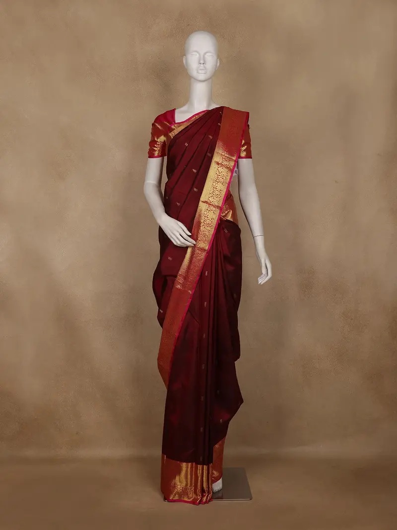 Burgundy Small Butta Woven Pure Kanchipuram Silk Saree 1
