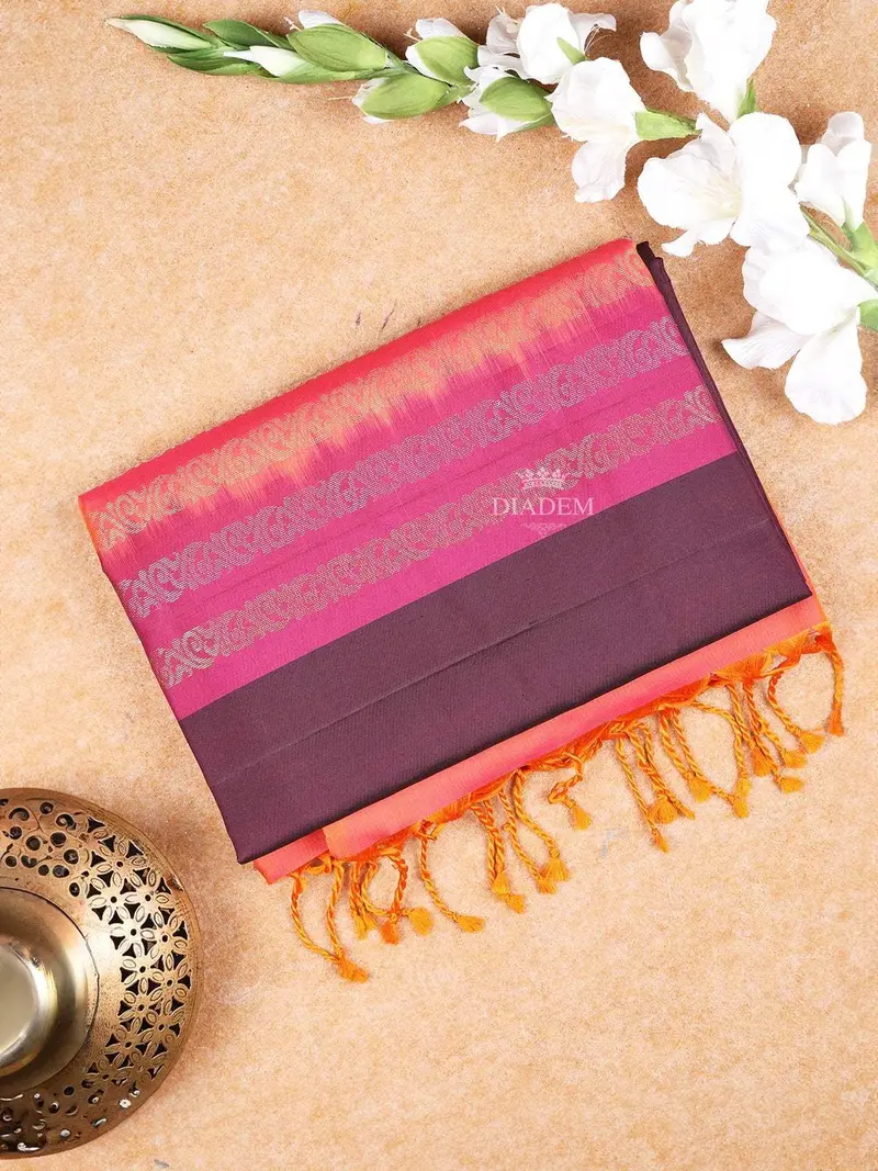 Burgundy Soft Silk Saree With Flower And Plant Design On The Body With Contrast Border 1
