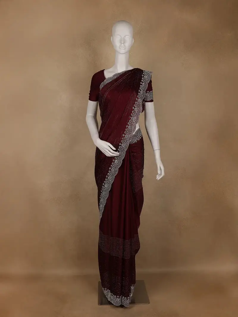 Burgundy Stone Embellished Satin Saree With Scalloped Border 1