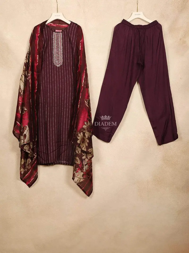 Burgundy Straight Cut Salwar Suit Adorned With Sequins And Stripes Design Paired With Dupatta 1