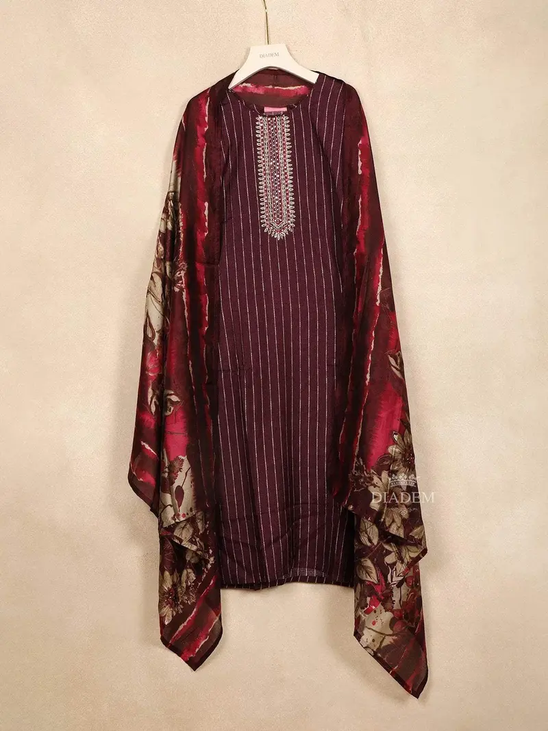 Burgundy Straight Cut Salwar Suit Adorned With Sequins And Stripes Design Paired With Dupatta 2