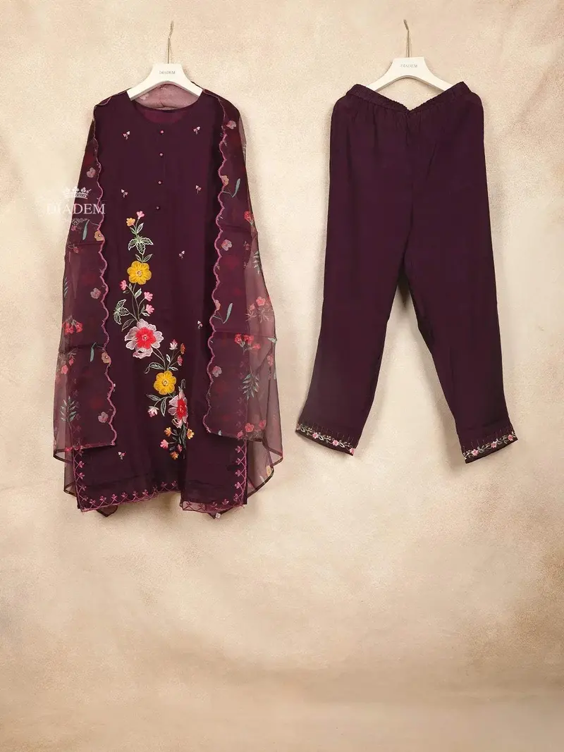Burgundy Straight Cut Salwar Suit For Women Adorned With Embroidery Floral Design With Dupatta 1