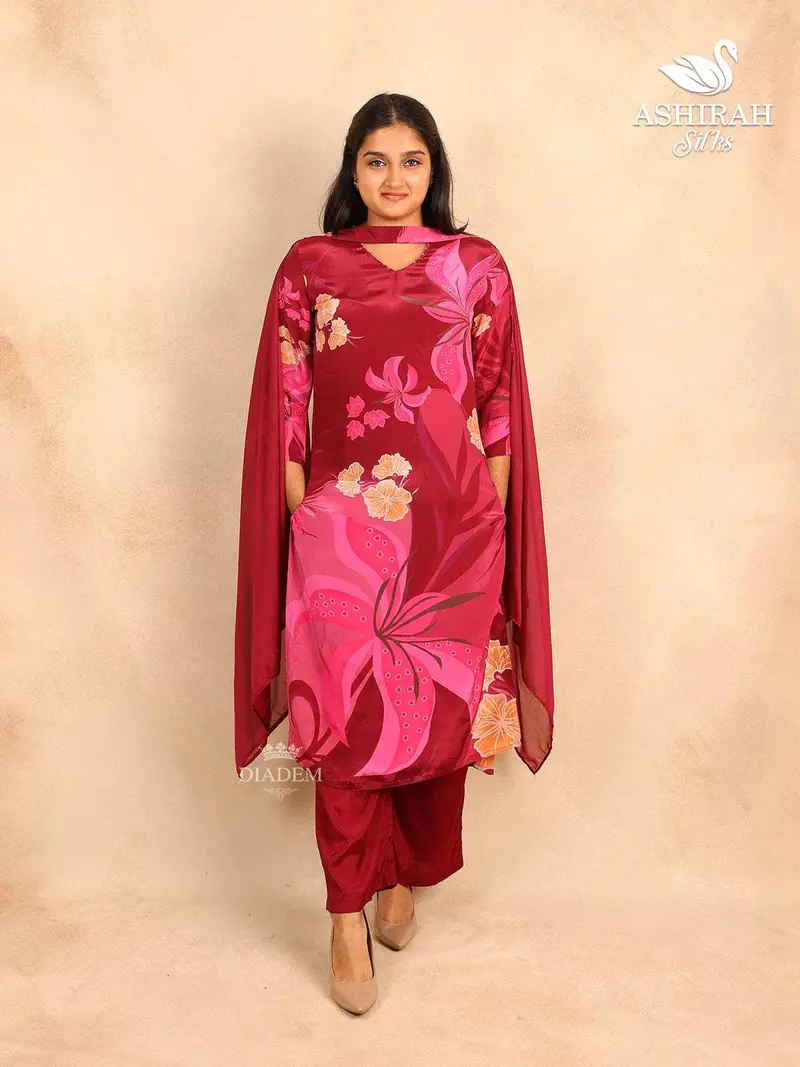Burgundy Straight Cut Satin Salwar Suit With Floral Prints Paired With Dupatta 1