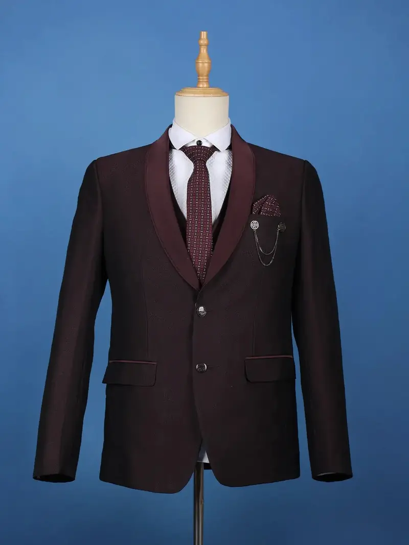 Burgundy Textured Solid Polyester Men's Suit With Pocket Chain Detailing 1