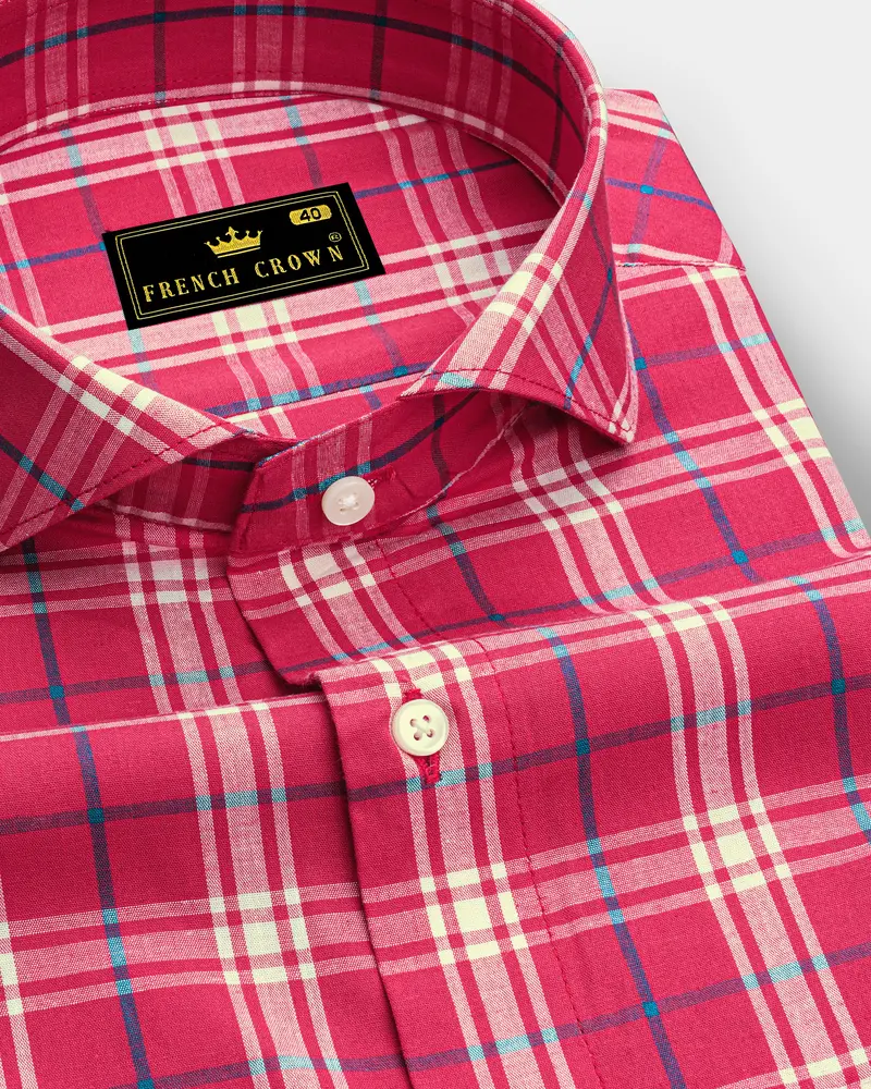 Burgundy With Bright White And Cerulean Blue Windowpane Premium Cotton Shirt 1