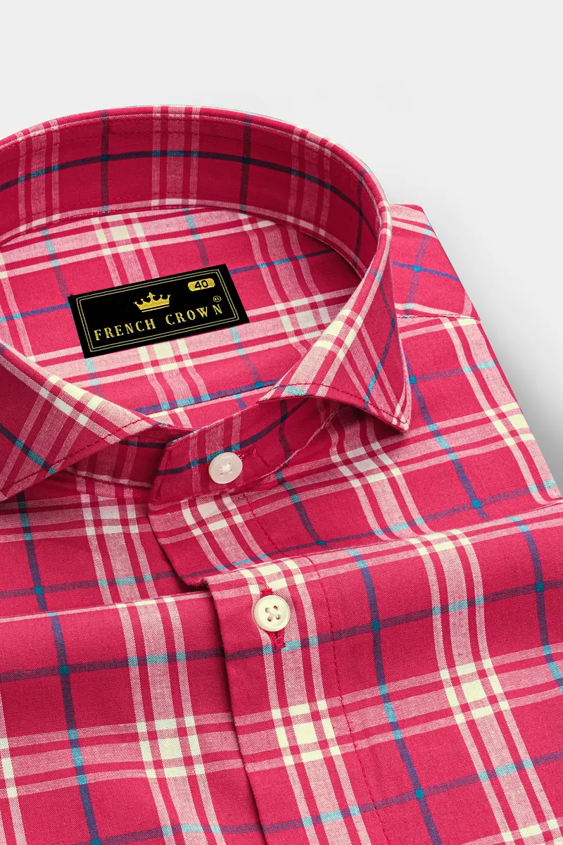 Burgundy With Bright White And Cerulean Blue Windowpane Premium Cotton Shirt 2