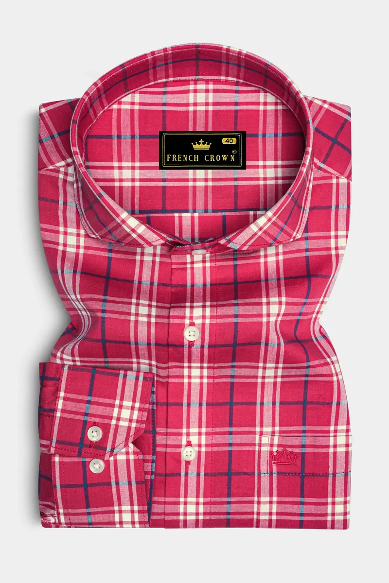 Burgundy With Bright White And Cerulean Blue Windowpane Premium Cotton Shirt 4