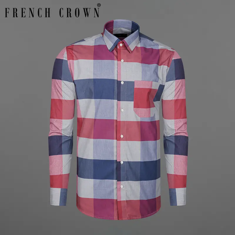 Burgundy With Bright White And Rhino Blue Checked Premium Cotton Shirt 1