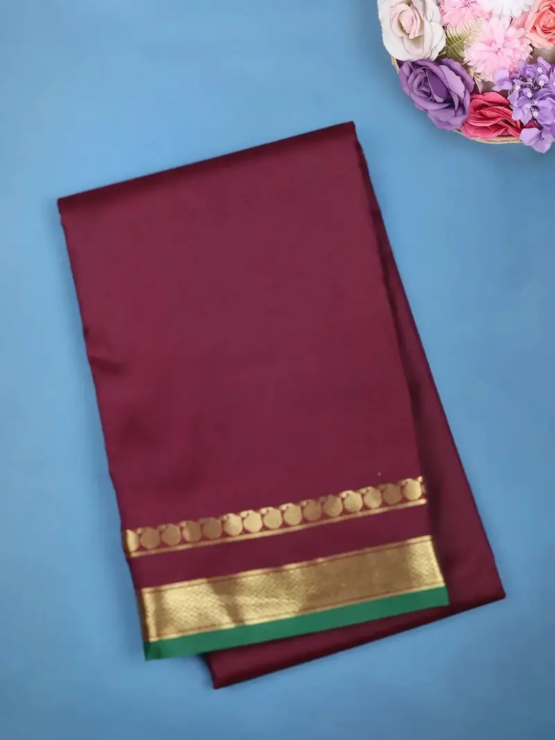 Burgundy With Gold Zari Border Soft Silk Saree 1