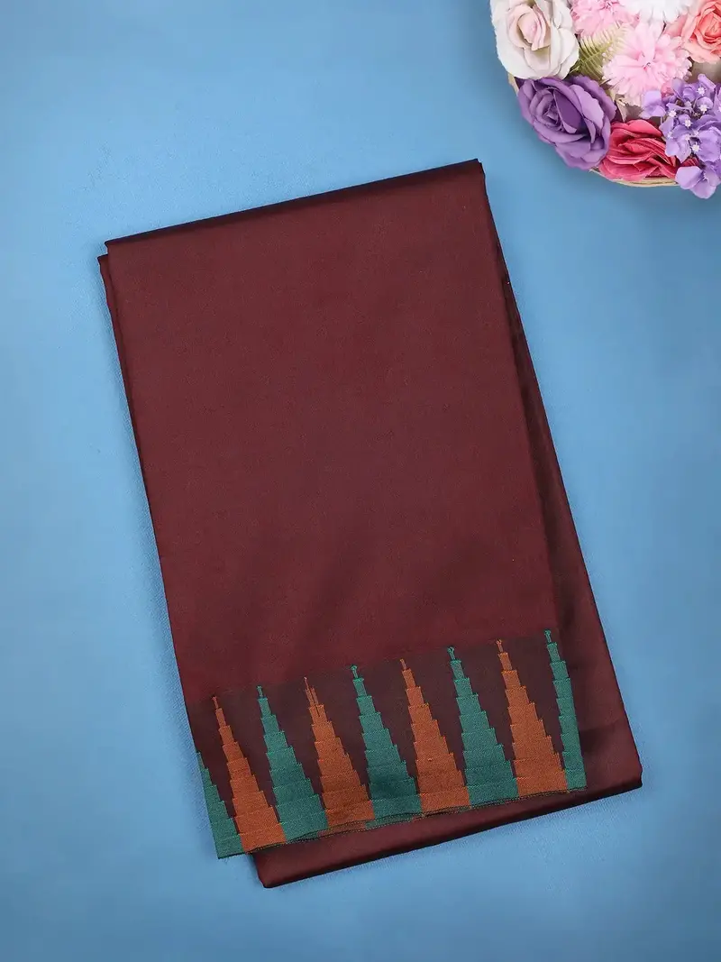 Burgundy Zig-Zag Design Border Soft Silk Saree 1