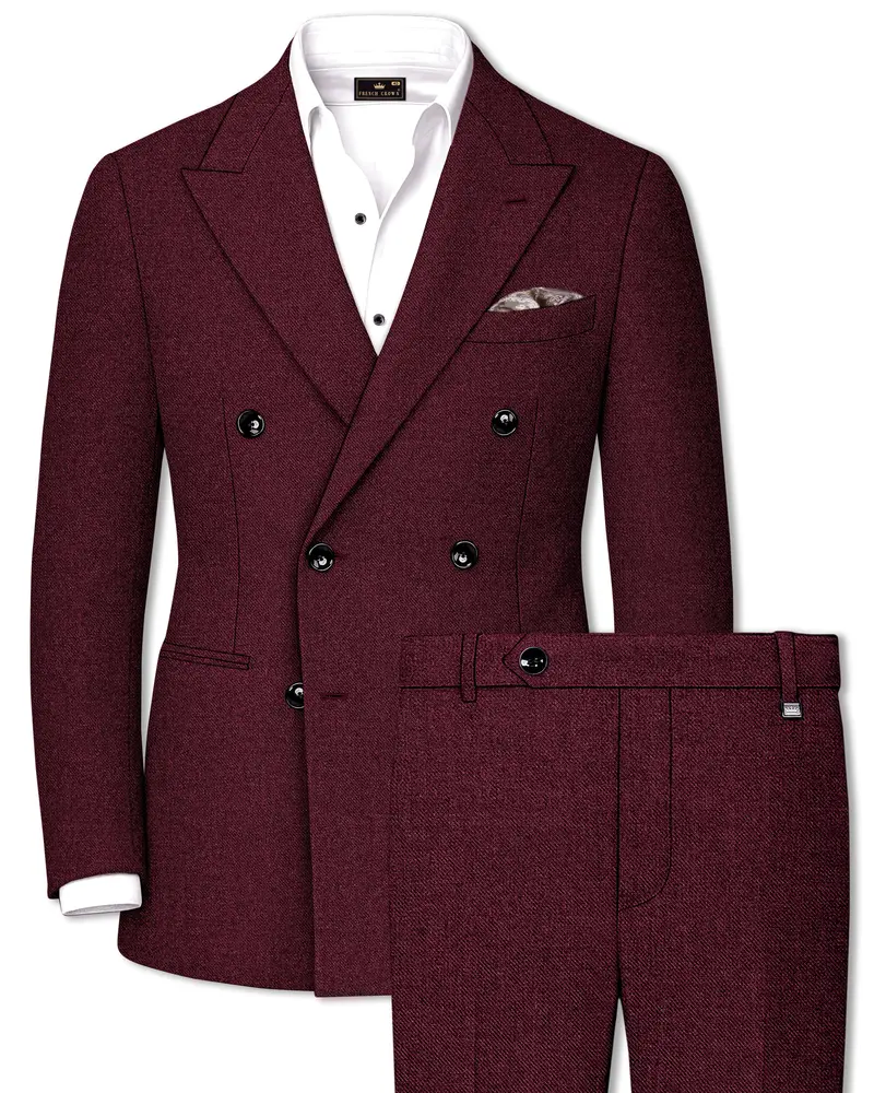 Burgvoro-Crated Maroon Textured Tweed Double Breasted Suit 1