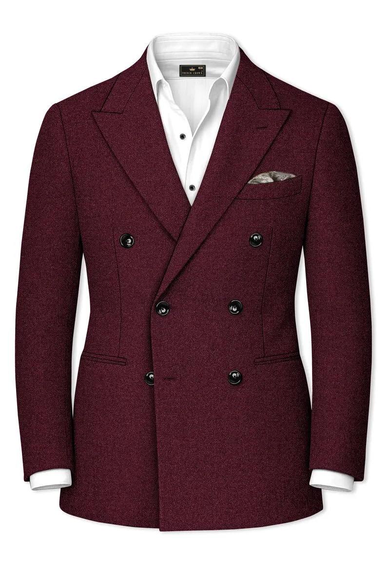 Burgvoro-Crated Maroon Textured Tweed Double Breasted Suit 10