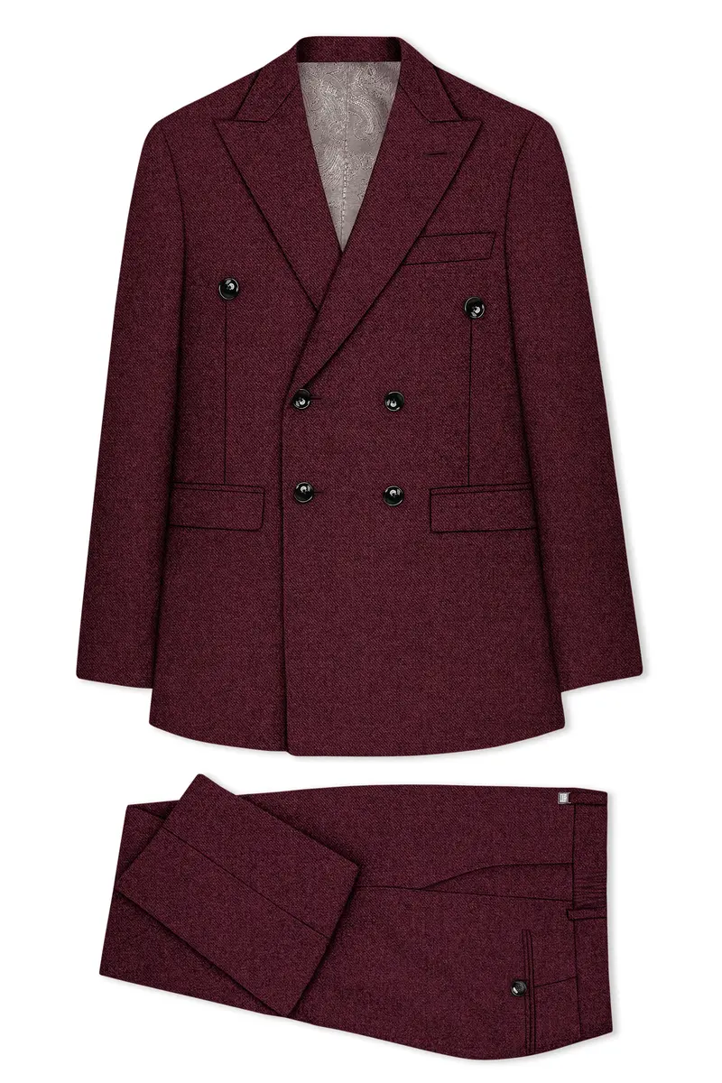 Burgvoro-Crated Maroon Textured Tweed Double Breasted Suit 11