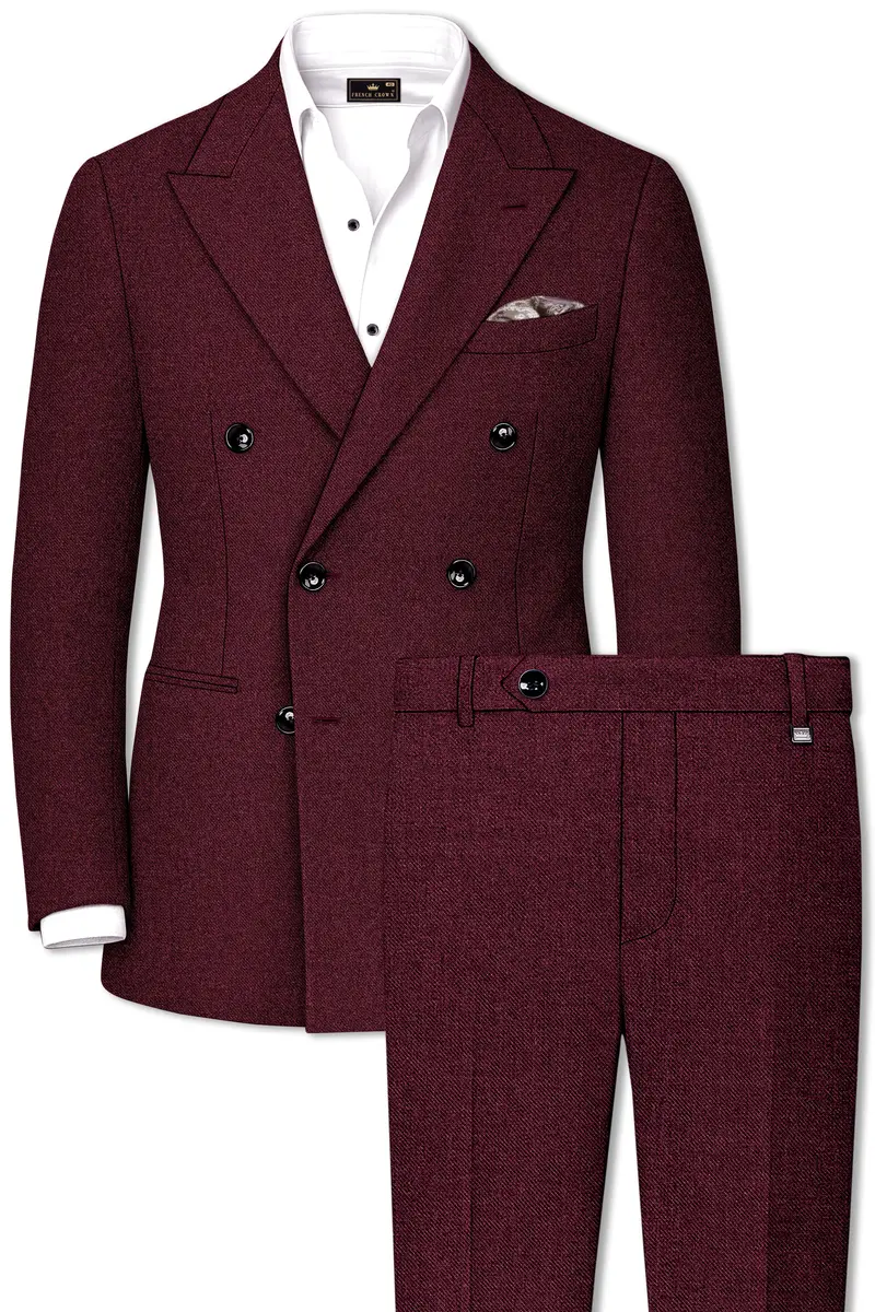 Burgvoro-Crated Maroon Textured Tweed Double Breasted Suit 2