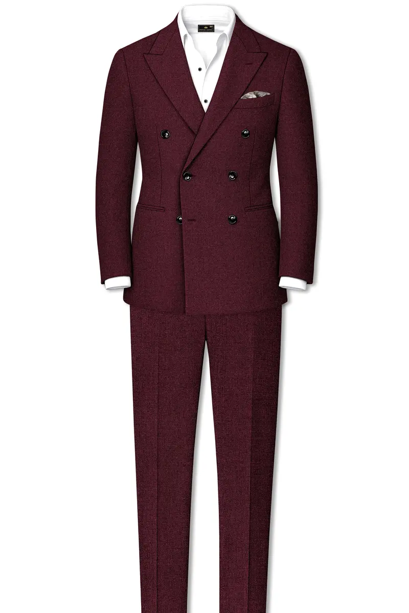 Burgvoro-Crated Maroon Textured Tweed Double Breasted Suit 4