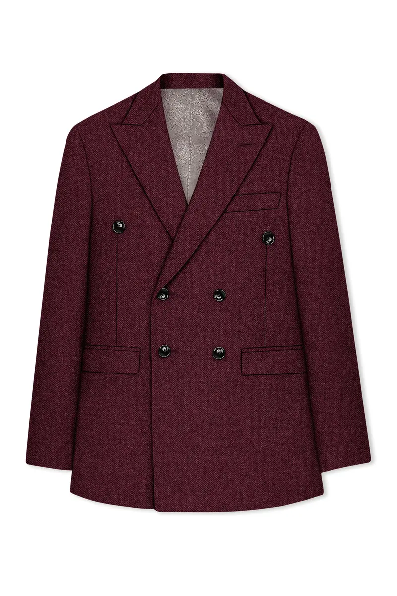 Burgvoro-Crated Maroon Textured Tweed Double Breasted Suit 8