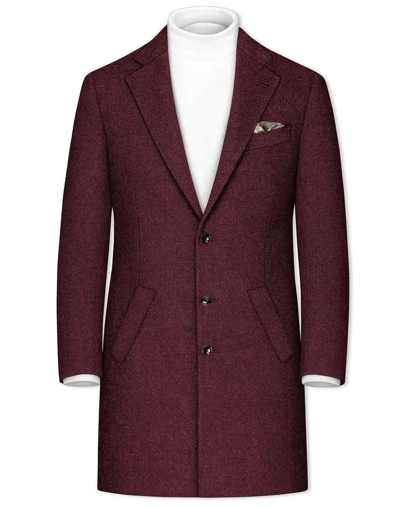 Burgvoro-Crated Maroon Textured Tweed Single Breasted Overcoat 1