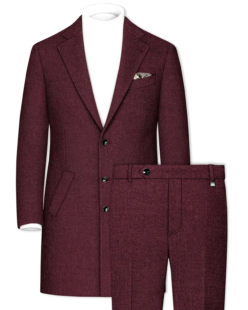 Burgvoro-Crated Maroon Textured Tweed Single Breasted Overcoat With Pant 1