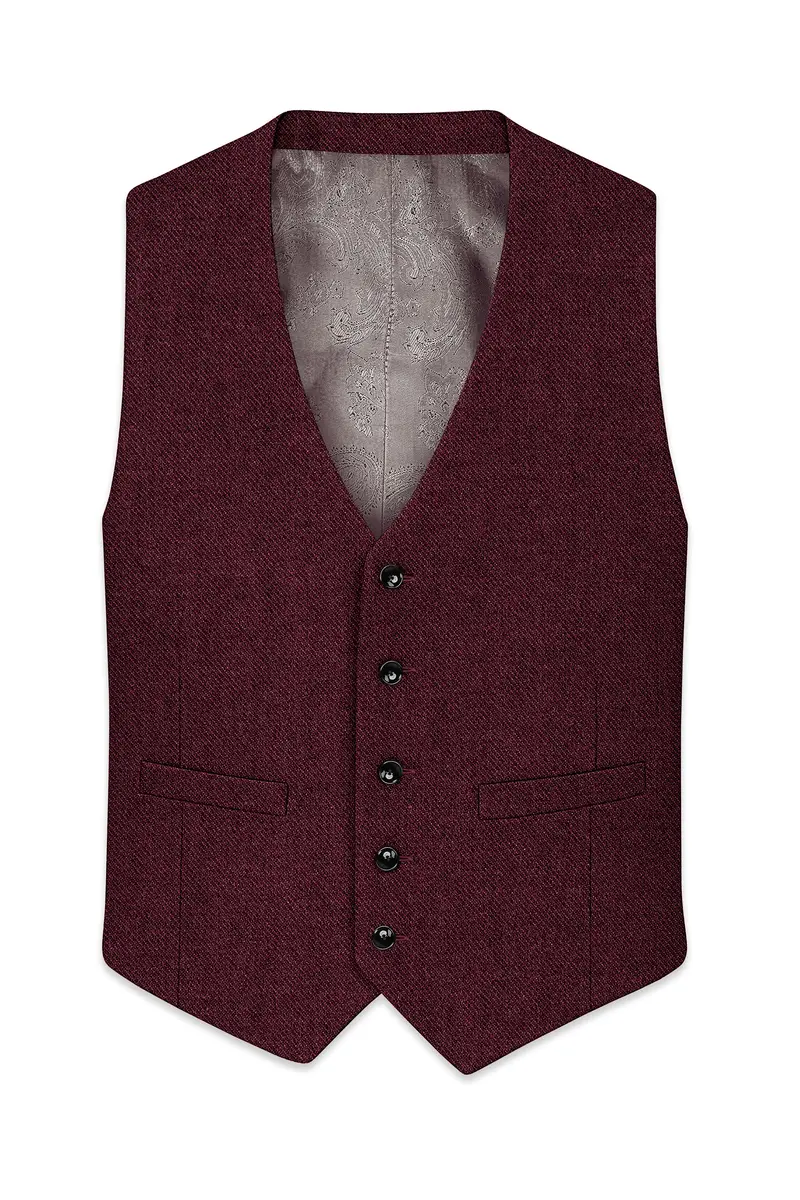 Burgvoro-Crated Maroon Textured Tweed Waistcoat 2