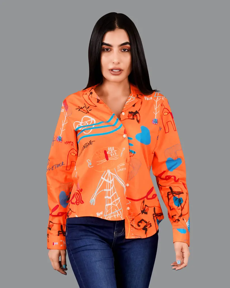 Burning Orange Quirky Printed Premium Cotton Shirt 2