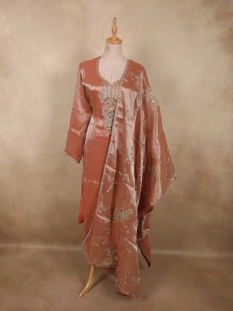 Burnished Copper Peach Sequins Embroidered Design Tissue Silk Salwar Straight Cut Salwar Suit With Dupatta 1