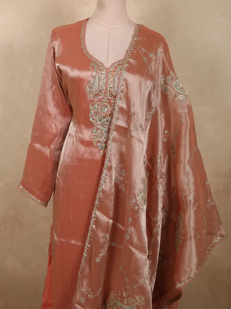 Burnished Copper Peach Sequins Embroidered Design Tissue Silk Salwar Straight Cut Salwar Suit With Dupatta 2