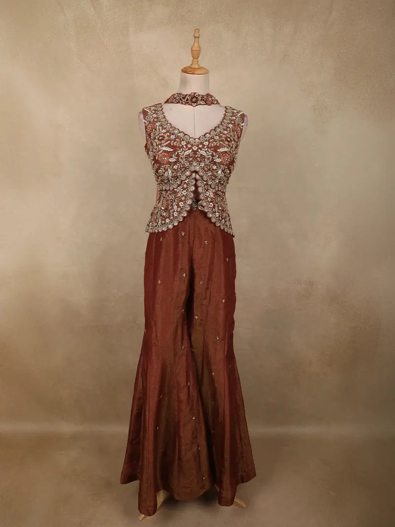 Burnt Copper Brown Sequin And Zardozi Embroidered Design Net Palazzo Suit With Choker Dupatta 1