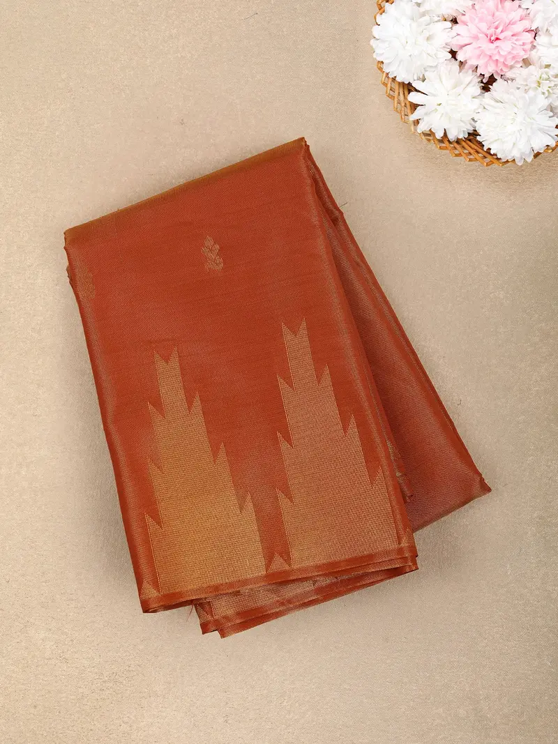 Burnt Copper Orange Floral Butta Zari Woven Design Tissue Designer Saree With Temple Border 1