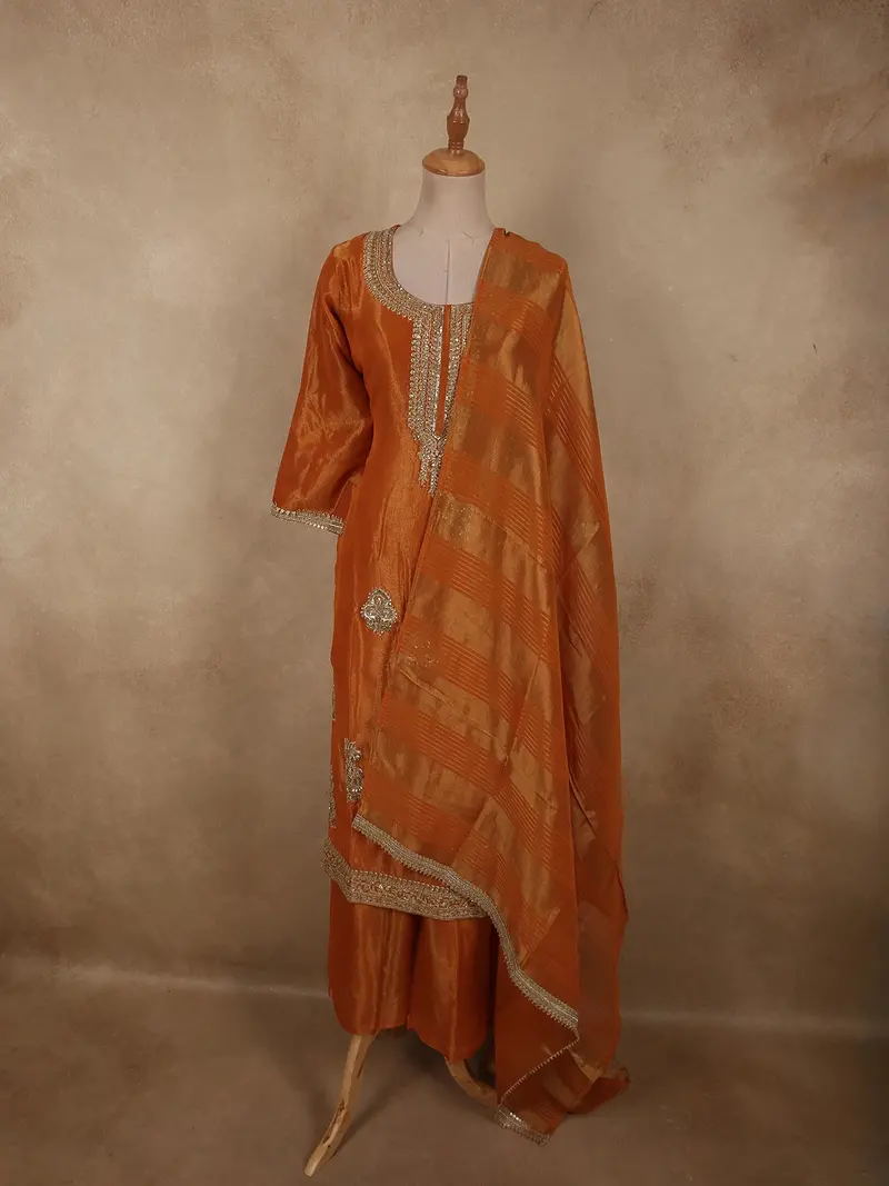 Burnt Copper Orange Heavy Sequins Embroidered Design Tissue Silk Palazzo Suit With Dupatta 1